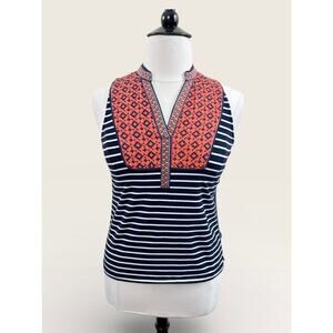 THML Navy Striped V Necked Tank with Coral Pattern Front Placket, Size L